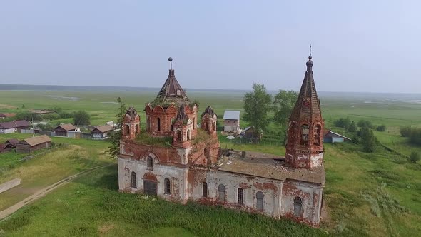 Aerial view of Old ruined abandoned church in a village 02