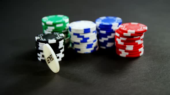 Casino chips on poker table in casino