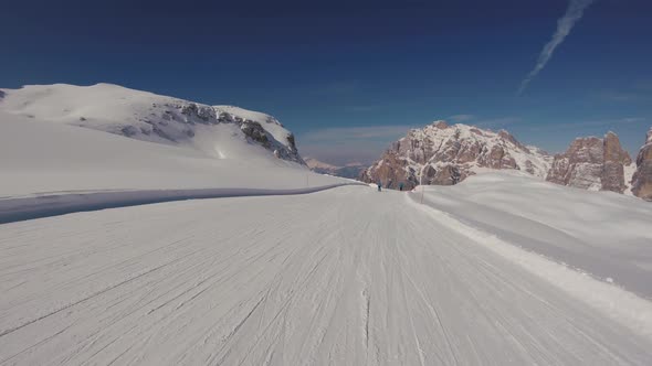 A Skier Skiing On The Track In Mountains, Action Camera Footage