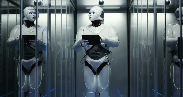Futuristic Robot with Tablet in Server Room