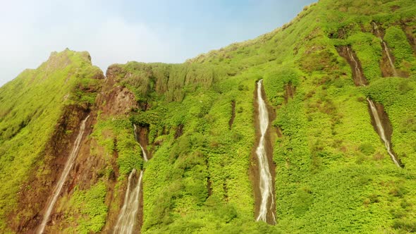 Waterfalls of Poco Ribeira Do Ferreiro Flowing Down Green Mountains Alagoinha