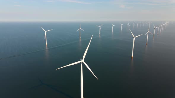 Wind Turbine From Aerial View Drone View at Windpark Westermeerdijk a Windmill Farm in the Lake