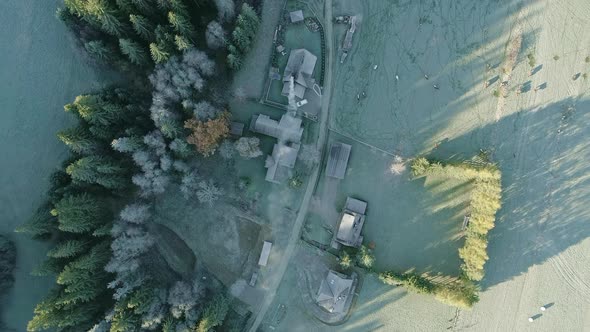 Aerial top-down over houses of Witow village in Poland