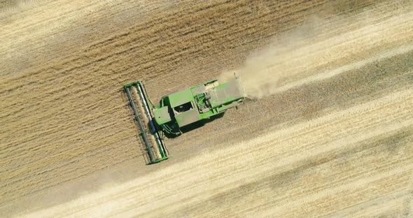 Modern combine harvester working on the wheat crop. Aerial view.