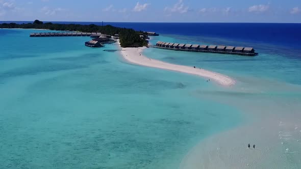 Aerial drone scenery of bay beach by clear sea and sand background