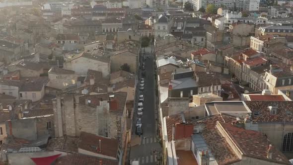 Above Bordeaux, France Rooftops Aerial Birds Eye View in Golden Hour Sunset Light