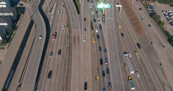 Birds eye view of traffic on 59 South and North freeway near downtown Houston. This video was filmed