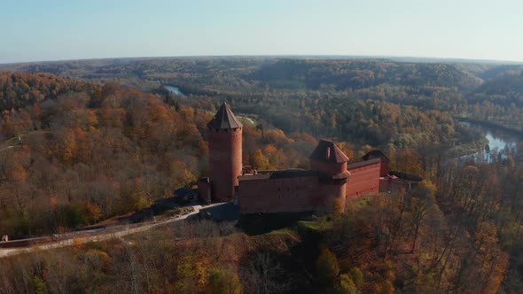 Aerial View of the Sigulda City in Latvia During Golden Autumn