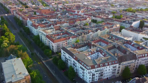 Overview of Prenzlauer berg Allee with television tower Multi-family houses Amazing aerial view fli