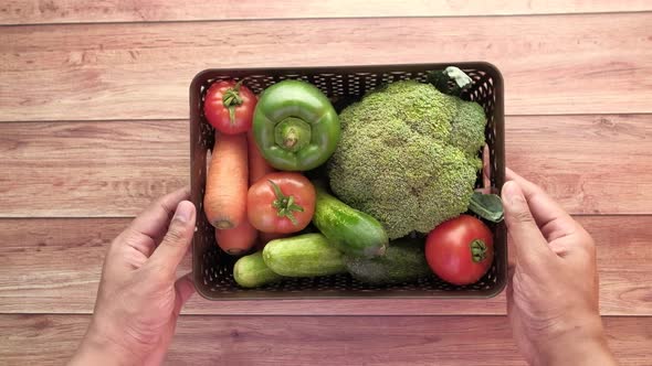 Hand Holding a Bowl of Fresh Vegetables Top Down