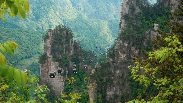 Funicular Lift And Descend The Tourists On Cable Car In Zhangjiajie Mountains