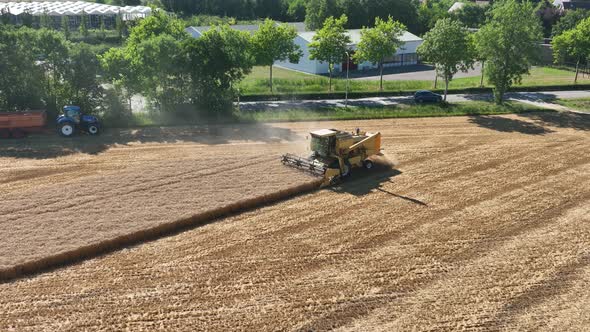 Slow Motion Combine Harvester Agriculture Farm Land Grain Harvest Machinery in Golden Colored Field