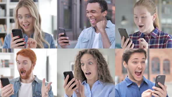 Collage of Young People Excited for Win While Using Smartphone