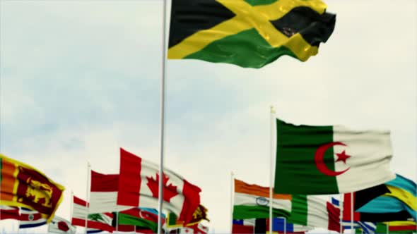 Jamaica Flag With World Globe Flags Morning Shot