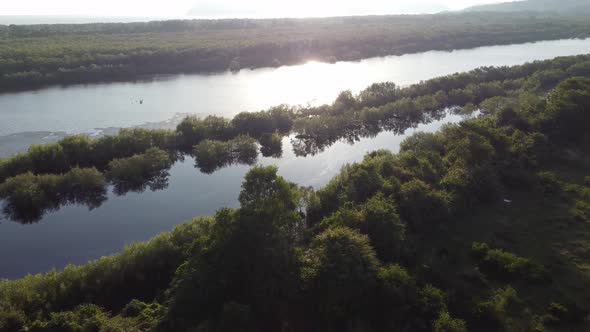 Fly over wetland in back light.