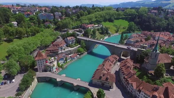 Aerial view with the drone of the ancient city Bern in Switzerland with river