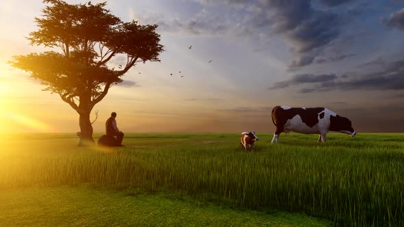 Cow and Her Cub Grazing