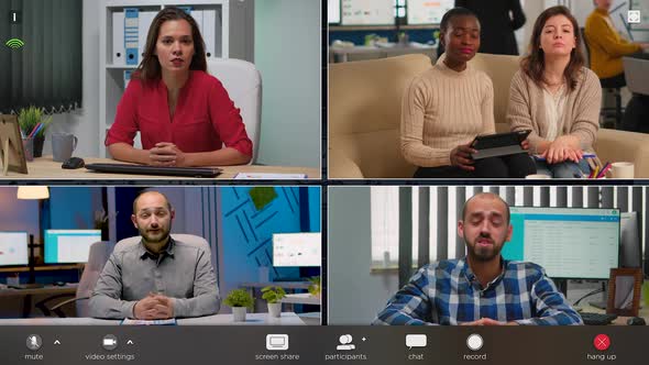 Employee Talking on Video Call with Diverse Colleagues