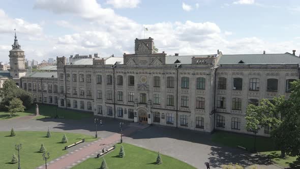 Architecture of Kyiv. Ukraine. Kyiv Polytechnic Institute. Aerial View. Slow Motion, Gray, Flat