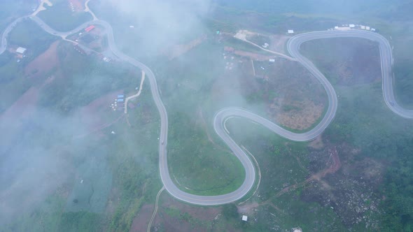 Aerial view Winding road, the way up the mountain to Phu Thap Boek, Phetchabun, Thailand