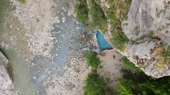 thermal water springs of Benja, Drone shot birds eye with vertigo effect.