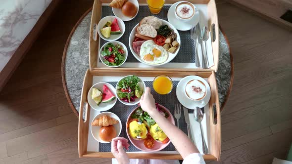 Woman Hands Take Plate with Green Salad and Prepare to Eating Breakfast in Hotel