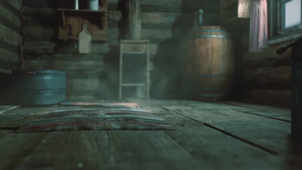 Dark Interior of Retro Log House alt