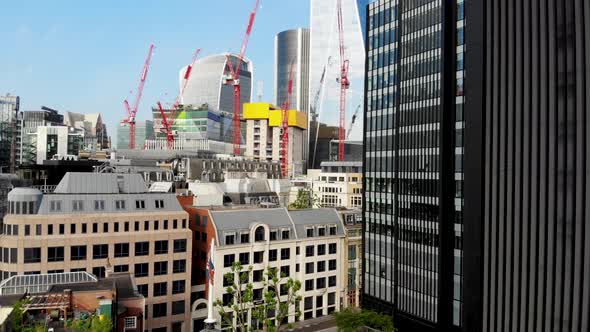 Raising up revealing a construction site near Fenchurch Street Station in the City of London