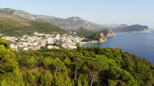 Aerial View Town Petrovac By the Adriatic Sea in Montenegro