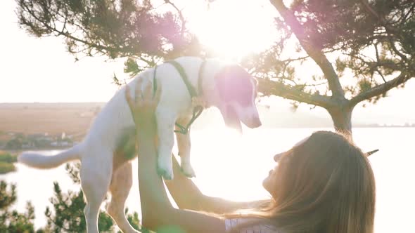 Young Attractive Woman Playing with a Dog Jack Russell in the Meadow at Sunset with Sea Background