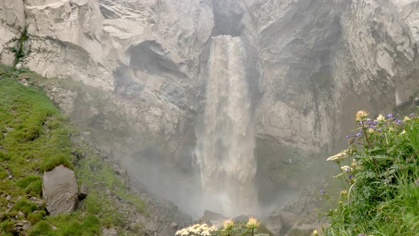 Dirty Waterfall Sultan High in the Mountains Near Elbrus in Summer