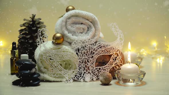 Spa Salon Items and Attributes with Christmas Decorations in Mild Snowfall Beautiful Christmas