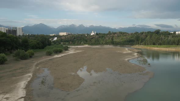 Aerial View of the River and Lake Sairan in Almaty Kazakhstan