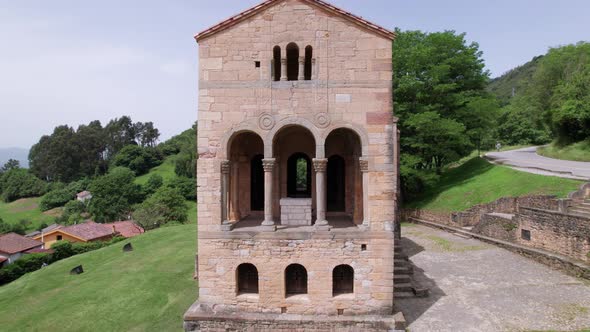 Front aerial view of beautiful old middle aged church in the outdoors of Asturias, north Spain.