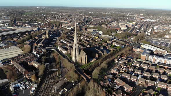 An aerial shot approaching the Church of St Walburge, Preston on a winter sunny day