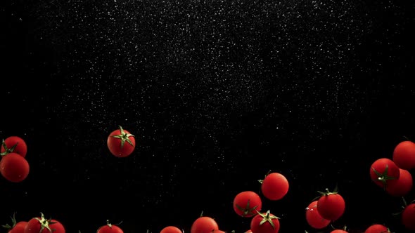 Red Cherry Tomatoes Splash Water with Air Bubbles Black Background in 