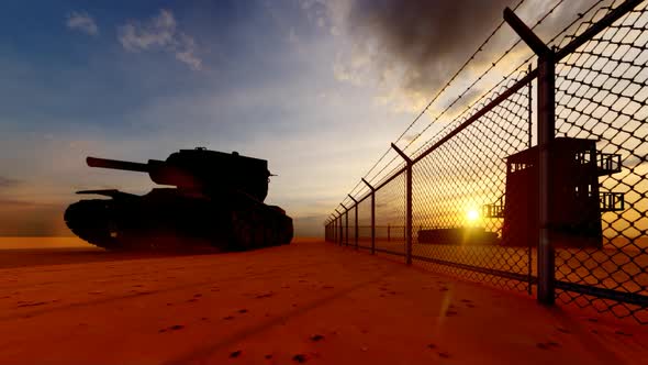 Soldiers Guarding the Watchtower in Military Watchtower and Tank at Sunset