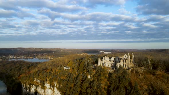 Medieval Castle Fortress Ruins on Cliff in Beautiful Landscape, Aerial