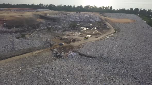 Aerial view white birds at landfill