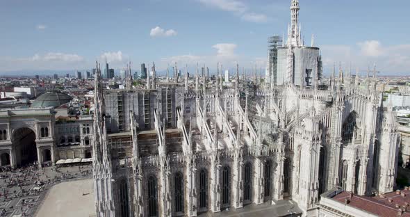 Aerial view of stunning marble exterior of iconic Milan Cathedral in Italy