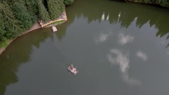 Aerial View of People Tourists at Synevyr Lake in Ukraine Carpathian Mountains