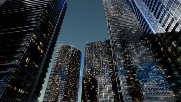 City Skyscrapers at Night with Dark Sky