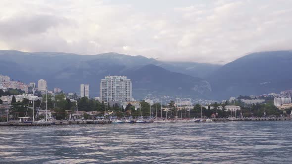 Yalta City Panorama, View From Water. Crimean Resort on Black Sea