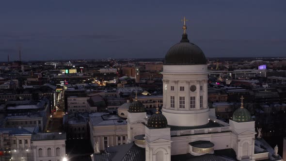 Aerial view of Helsinki Cathedral and city center at background.