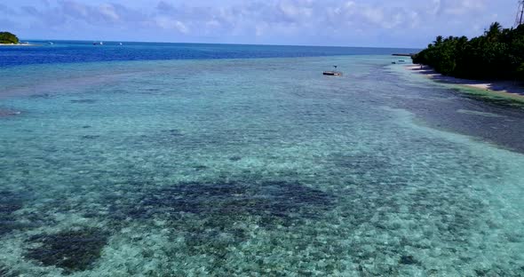 Beautiful overhead clean view of a white sandy paradise beach and turquoise sea background in vibran