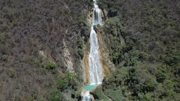 Panoramic drone shot of the spectacular waterfall El Chiflon