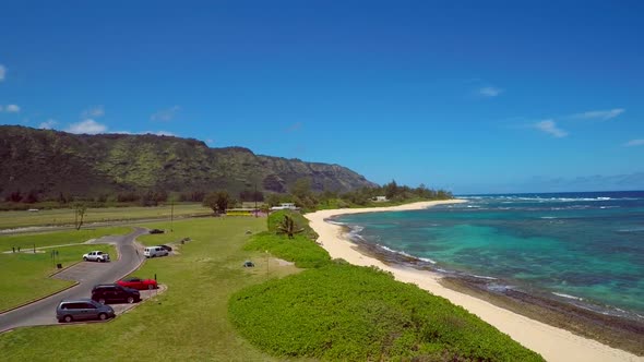 Aerial view of the beach and ocean in Hawaii