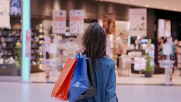 Rear view of woman with shopping bags in shopping mall