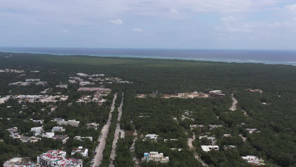 Aerial Panoramic View of Aldea Zama a Residential Development in Tulum, Mexico