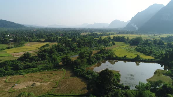 Natural landscapes around the city of Vang Vieng in Laos seen from the sky